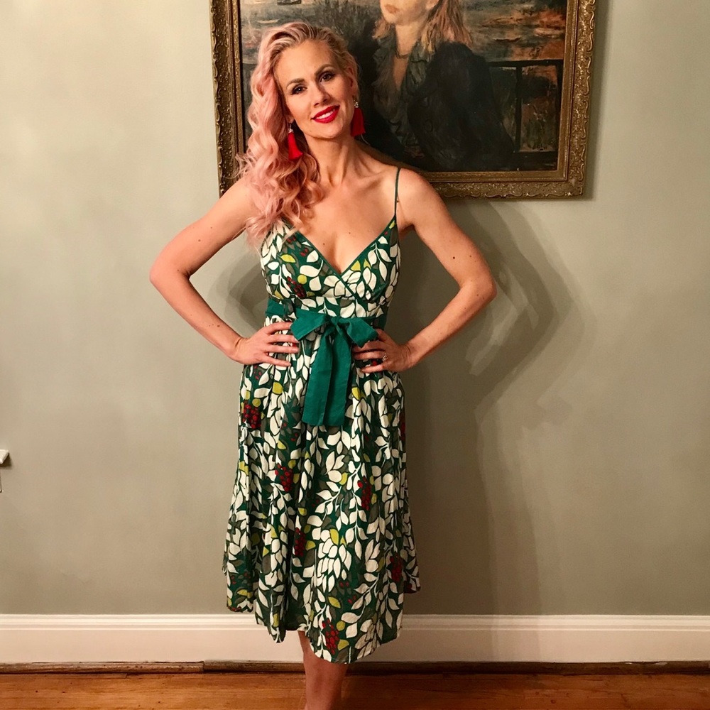 Lapis Green Garden Print Cotton Midi Dress